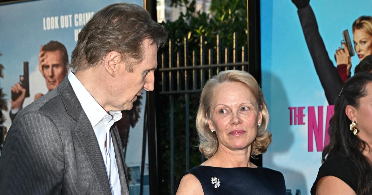 Image of Pamela Anderson and Liam Neeson star alongside one another in 'The Naked Gun.'