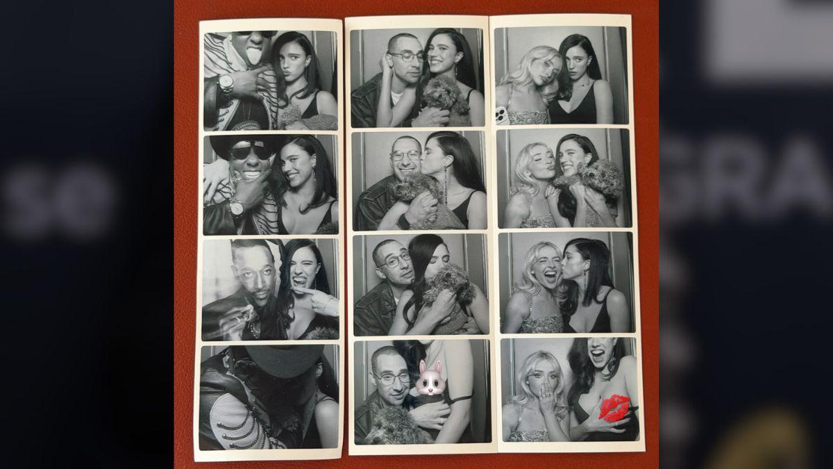 Photo of Margaret Qualley covered her chest with emojis after pulling down her dress in a photo booth.