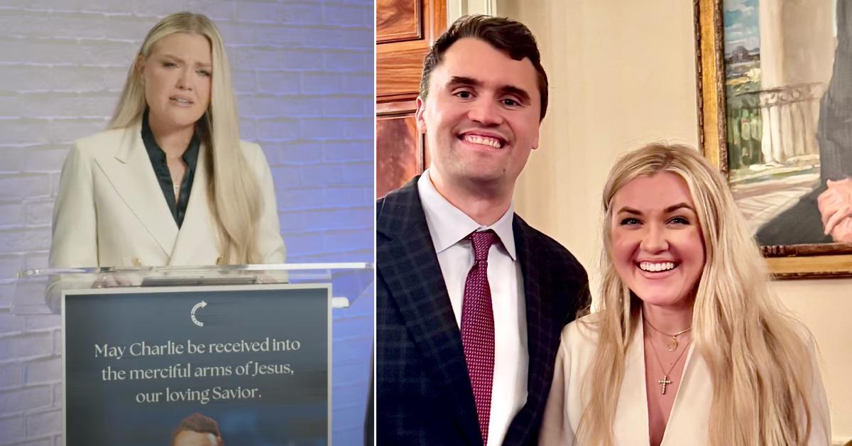 Split photo of Erika Kirk and the widow posing next to her husband Charlie Kirk.