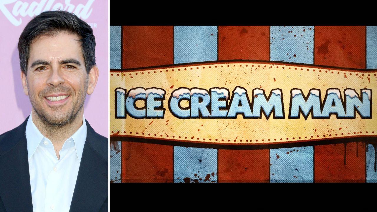Photo of Eli Roth and 'Ice Cream Man' trailer.