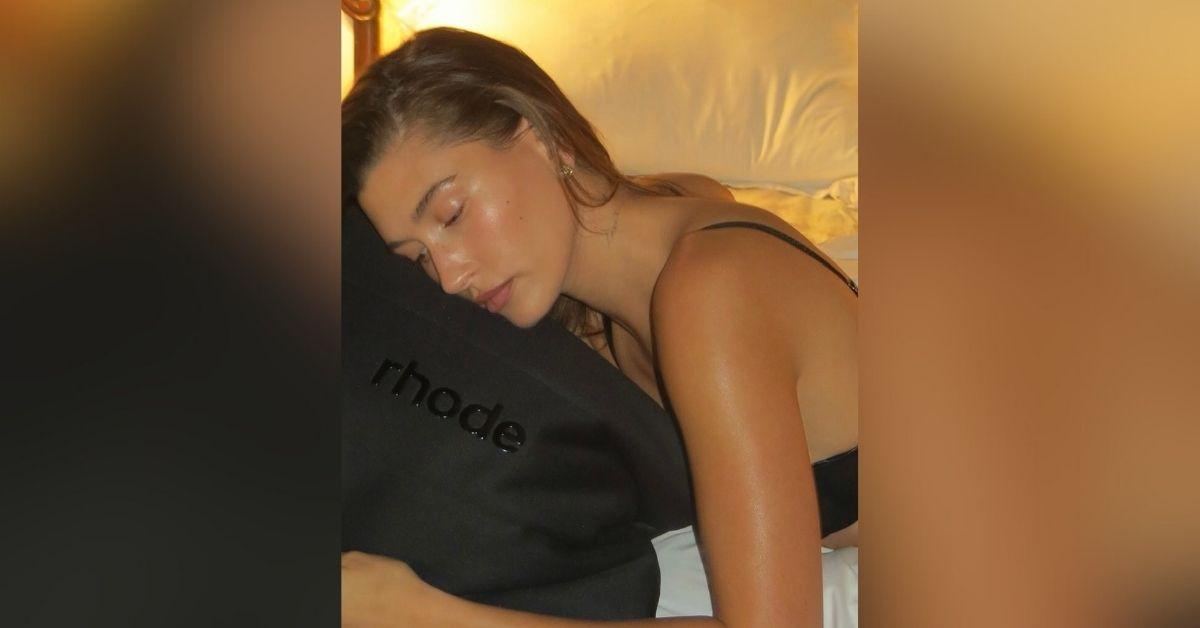 image of Hailey Bieber showed off her figure in a black lingerie set.