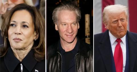 Composite photo of Kamala Harris, Bill Maher and Donald Trump