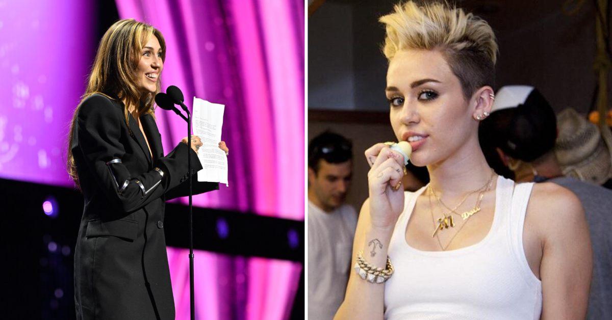 A photo of Miley Cyrus at the Disney Legends ceremony and a photo of her in 2013.