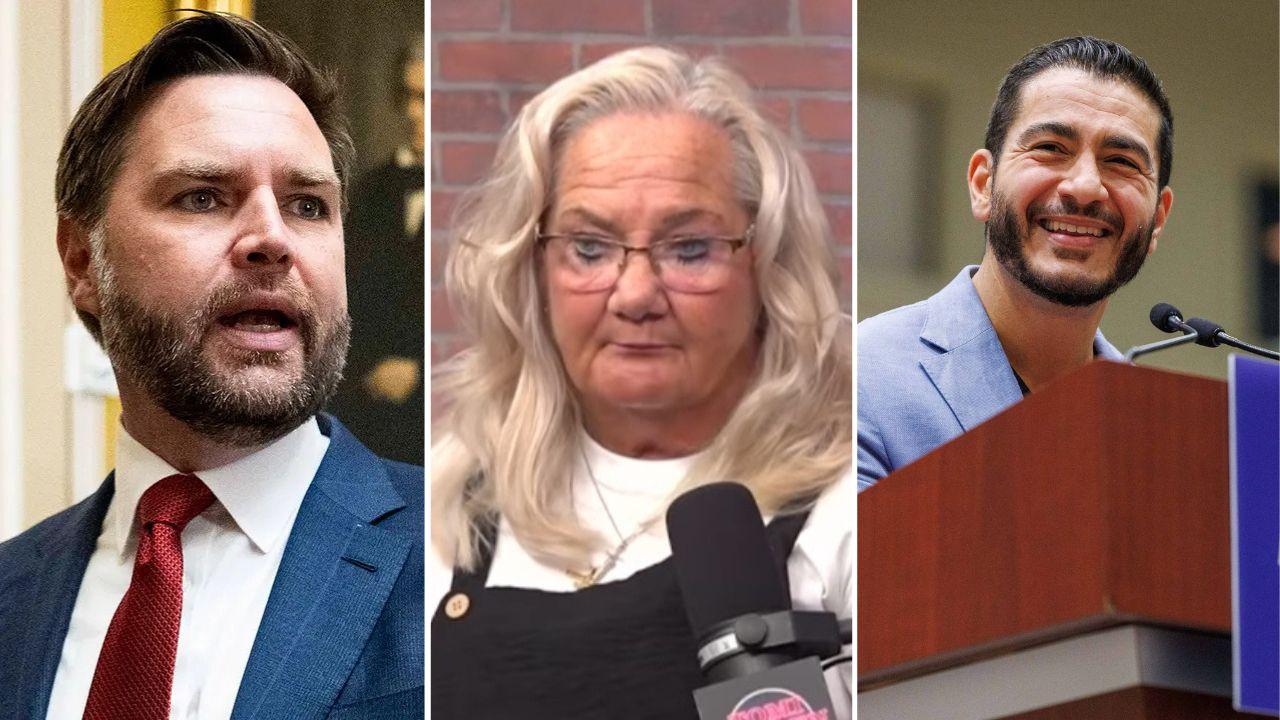 Split photo of J.D. Vance & Beverly Vance Aikins & Abdul El-Sayed