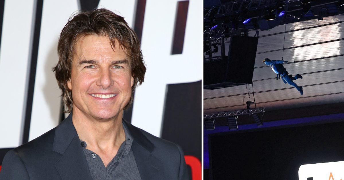 Photo of Tom Cruise and a photo of him rappelling into a Paris stadium.