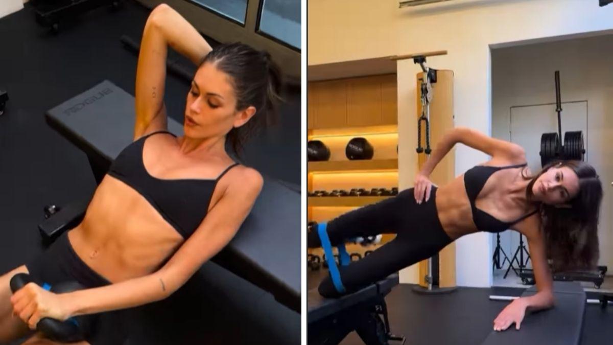 image of Kaia Gerber shared a workout video filmed at the gym.