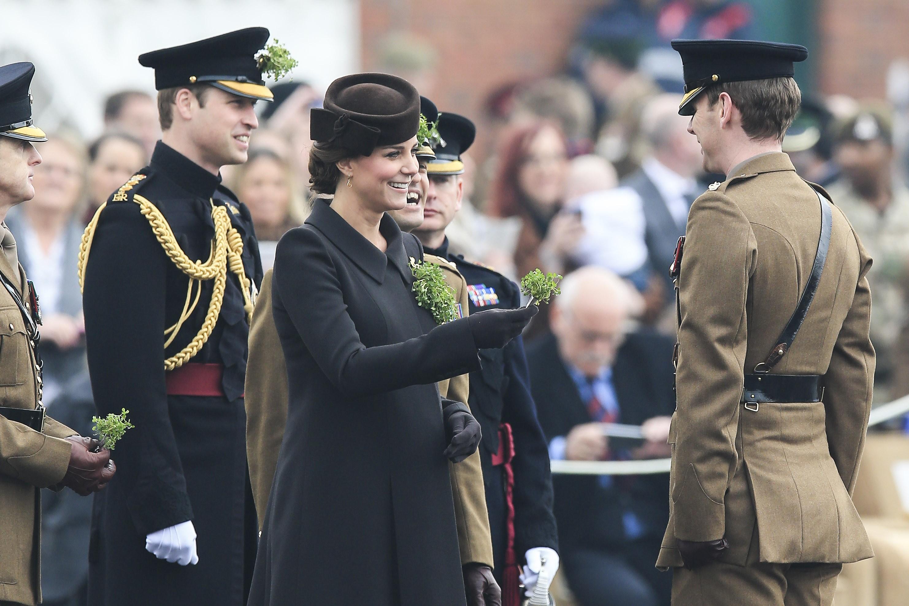 The Duke and Duchess of Cambridge, Prince William and Kate Middleton visit the 1st Battalion Irish Guards at Mons Barracks in Aldershot on St Patricks Day