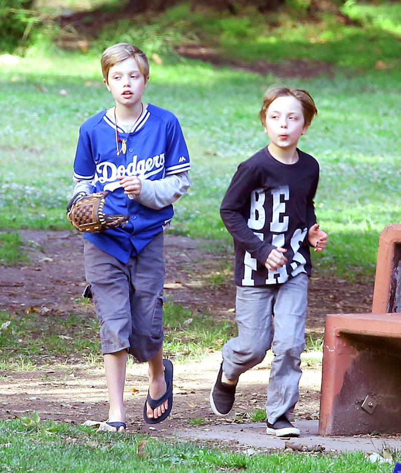 EXCLUSIVE: *PREMIUM RATES APPLY, MUST AGREE FEES* Angelina Jolie and Brad Pitt&#8217;s three biological children play at the park with uncle James Haven on September 18