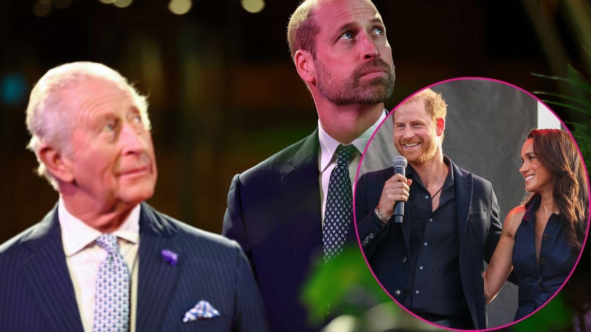 Split photo of Prince William, King Charles, Prince Harry and Meghan Markle.