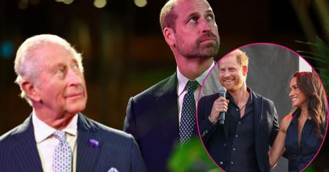 Split photo of Prince William, King Charles, Prince Harry and Meghan Markle.