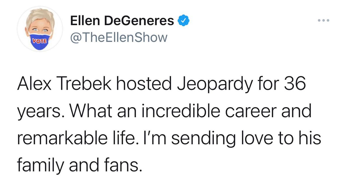 Alex trebek celeb reacts Ellen Degeneres Twitter