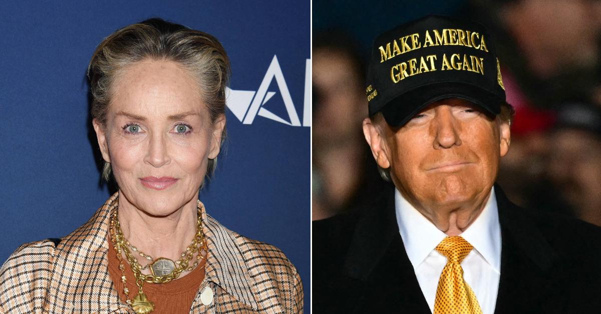 Photo of Sharon Stone; picture of Donald Trump.