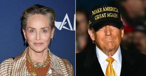 Photo of Sharon Stone; picture of Donald Trump.