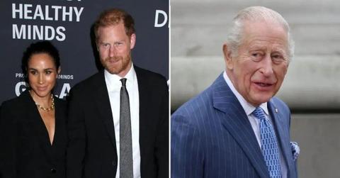 Split photo of Prince Harry and Meghan Markle and King Charles III