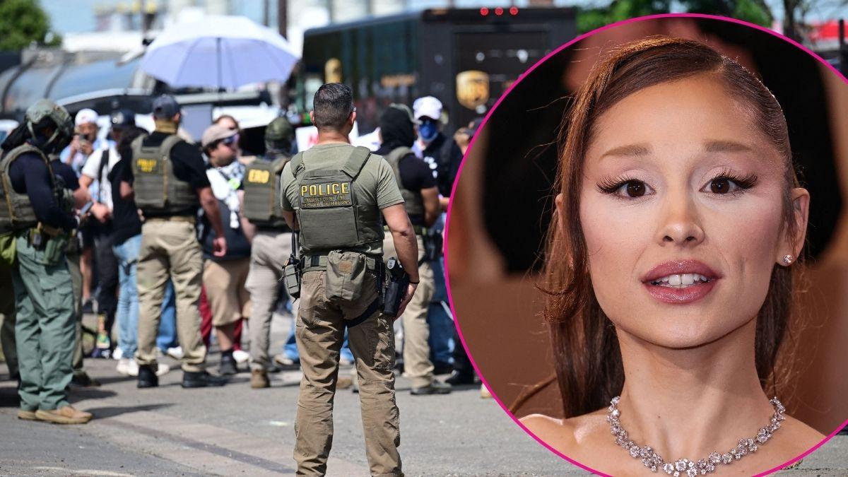 Composite photo of Ariana Grande and police.