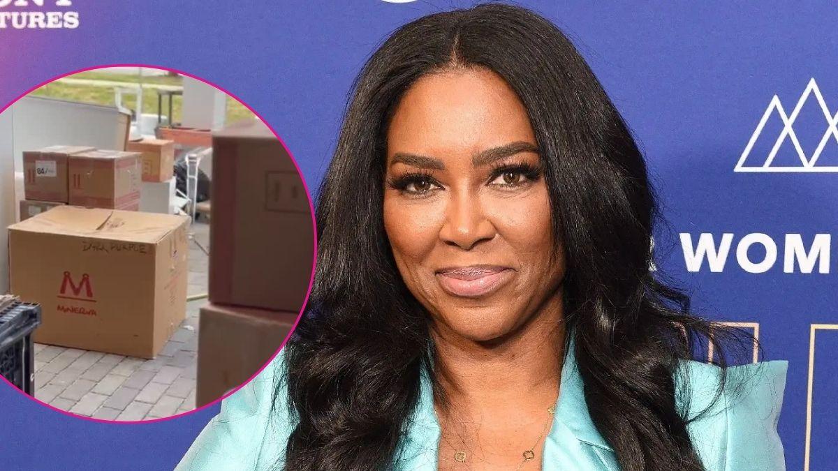 Composite photo of Kenya Moore and moving boxes at her salon