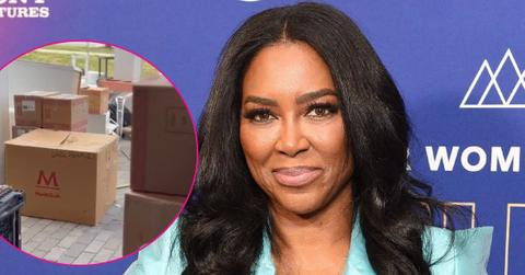 Composite photo of Kenya Moore and moving boxes at her salon