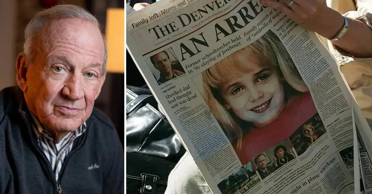 Photo of John Ramsey; picture of newspaper covering JonBenét Ramsey's murder.