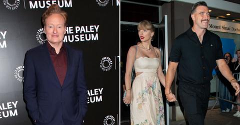 Split photo of Conan O'Brien, Taylor Swift and Travis Kelce