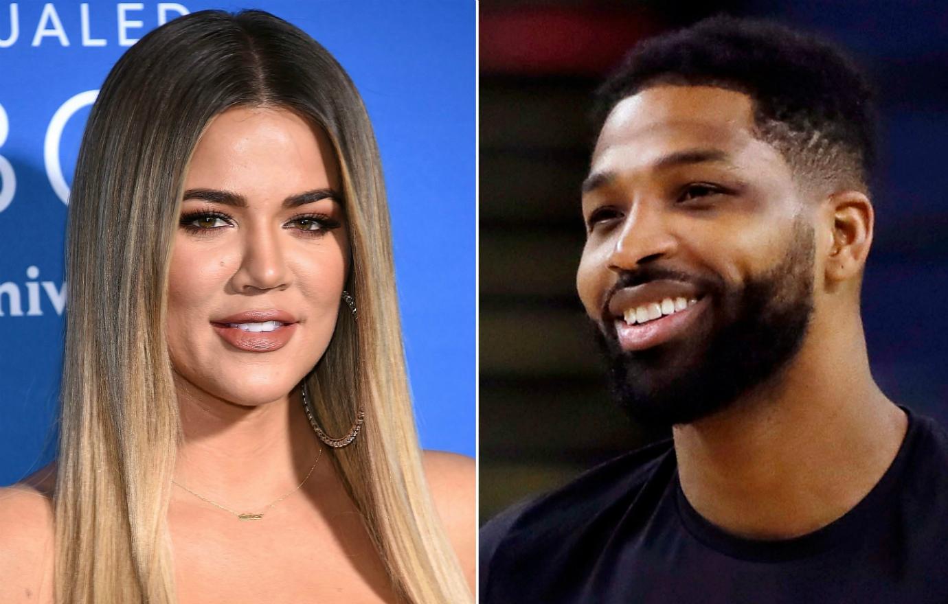 Close up of Khloe Kardashian next to a close up of Tristan Thompson