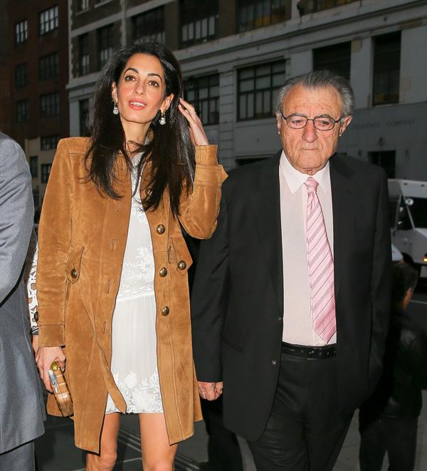 Amal Clooney and her father Ramzi Alamuddin seen arriving at the Public Theatre in New York City