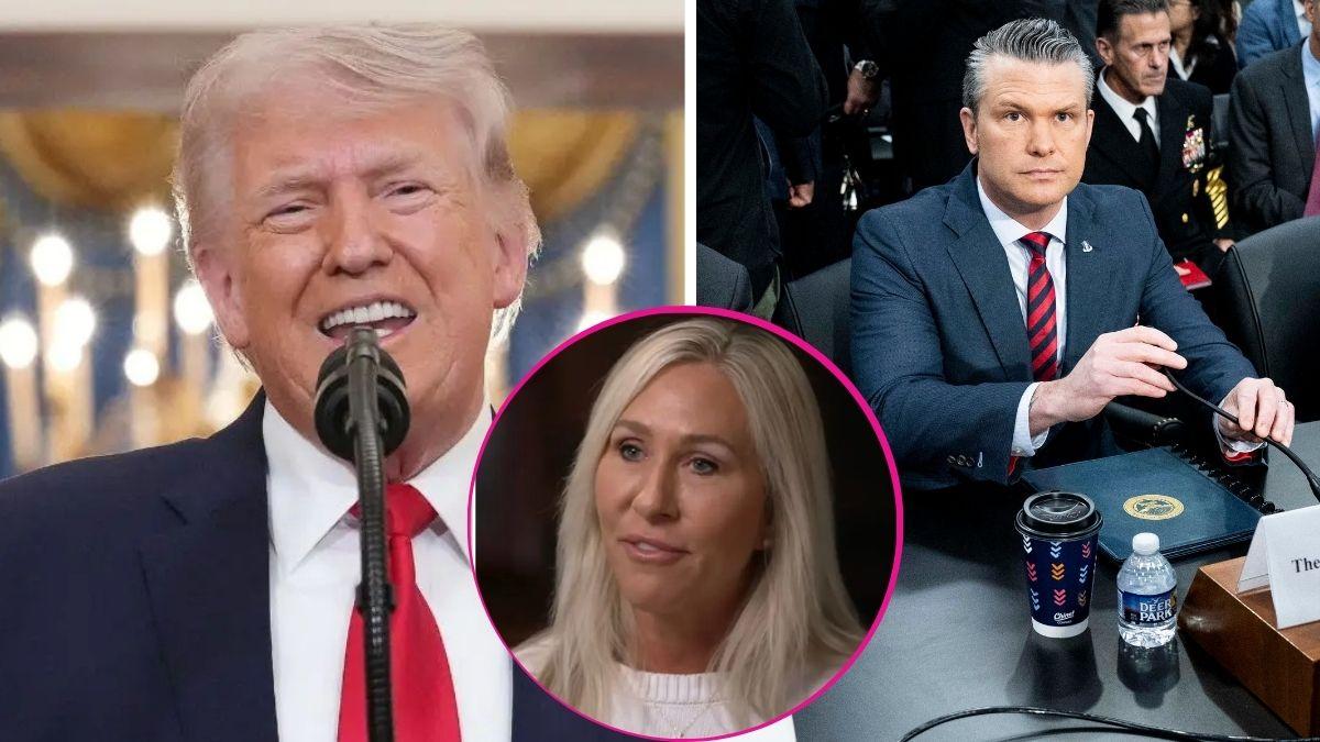 image split of marjorie Taylor Greene, Donald trump, Pete Hegseth