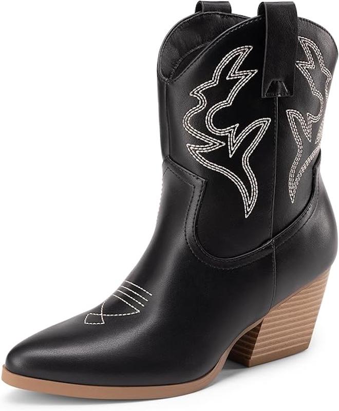 dream pairscowgirl boots embroidered stitched short western boots low chunky heel pointed toe ankle bootiesblack