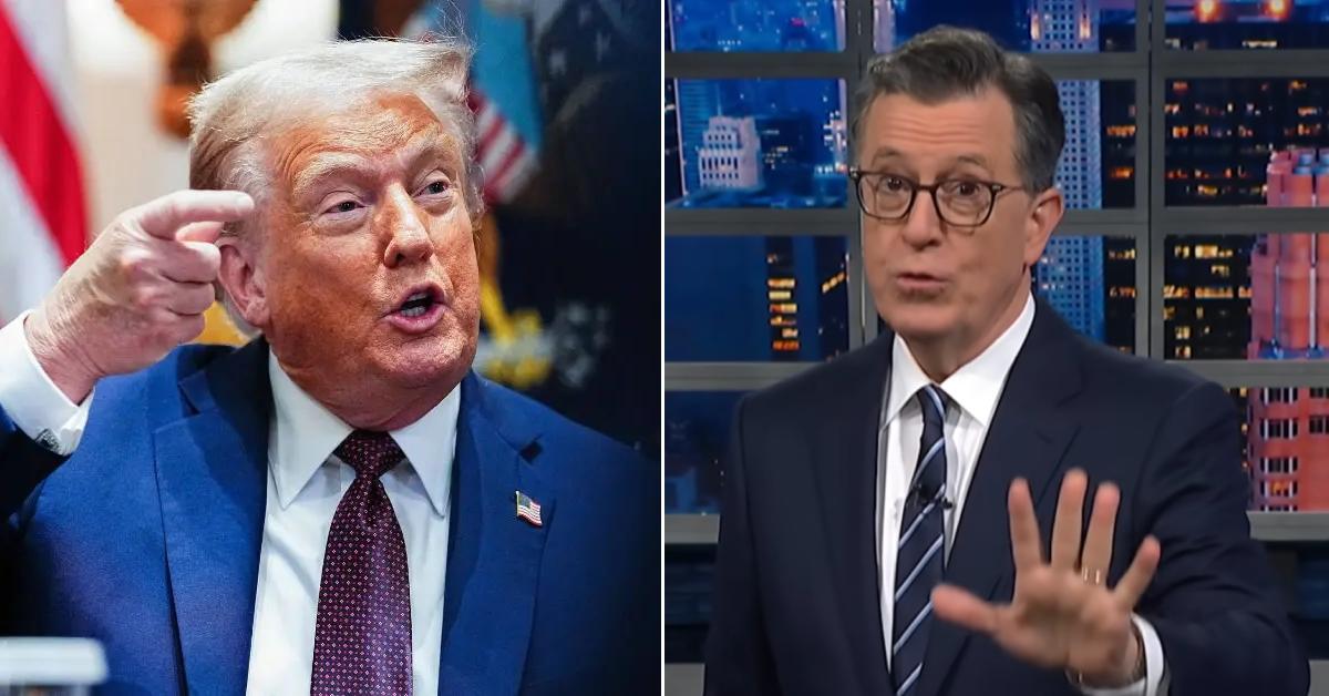Split photo of Donald Trump and Stephen Colbert.
