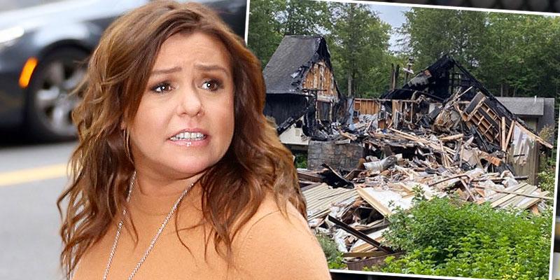 Rachael Ray next to Inset of her fire damaged House