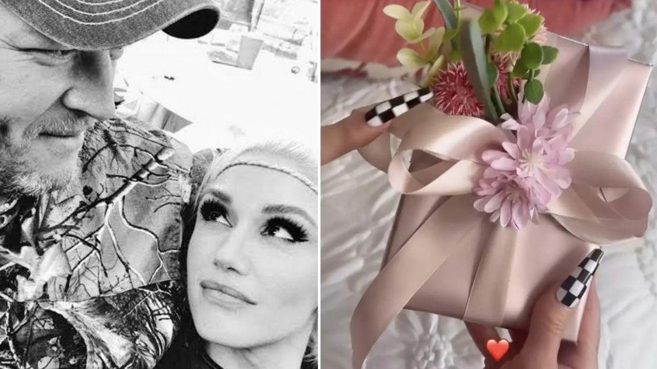 split of Gwen Stefani, Blake Shelton and flowers.