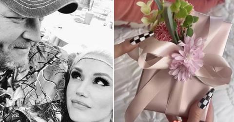 split of Gwen Stefani, Blake Shelton and flowers.