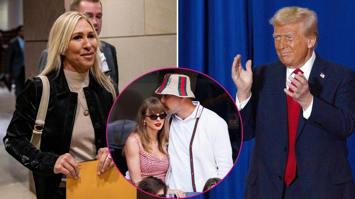 Split photo of Marjorie Taylor Greene & Donald Trump & Taylor Swift & Travis Kelce