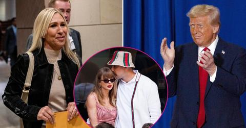 Split photo of Marjorie Taylor Greene & Donald Trump & Taylor Swift & Travis Kelce