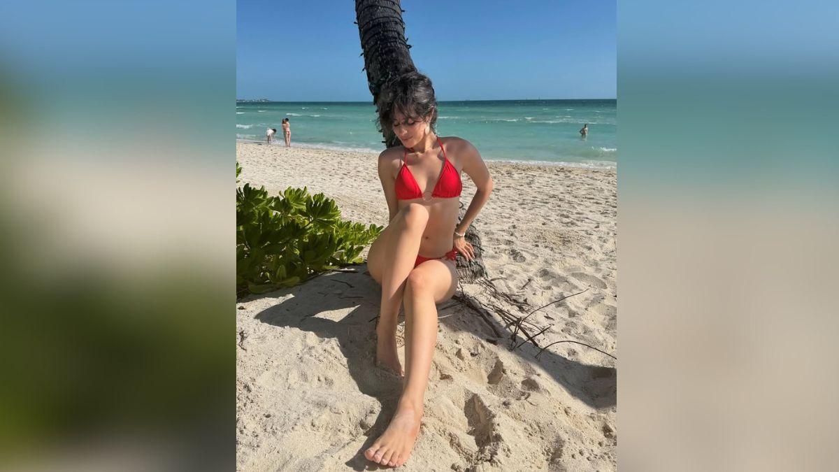 image of Camila Cabello posed in red two-piece on February 11.