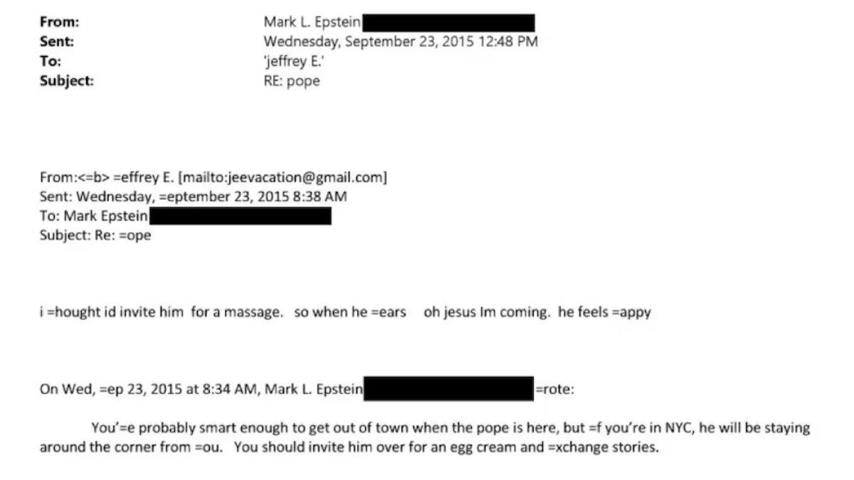 image of Jeffrey Epstein suggested he offer Pope Francis one of his beloved massages.