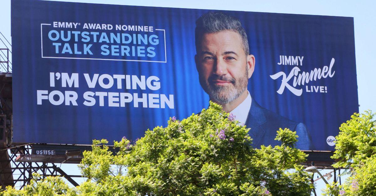 image of Jimmy Kimmel made a statement against CBS in August by taking up a billboard to support Stephen Colbert over his show's cancelation.