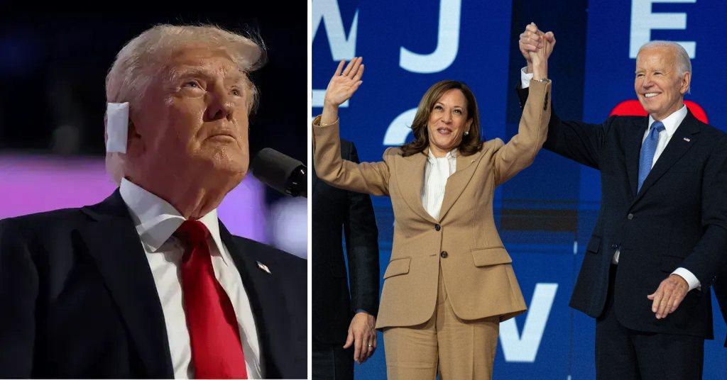 A photo of Donald Trump and a picture of Kamala Harris with Joe Biden.