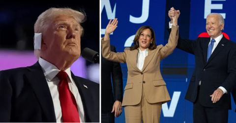 A photo of Donald Trump and a picture of Kamala Harris with Joe Biden.