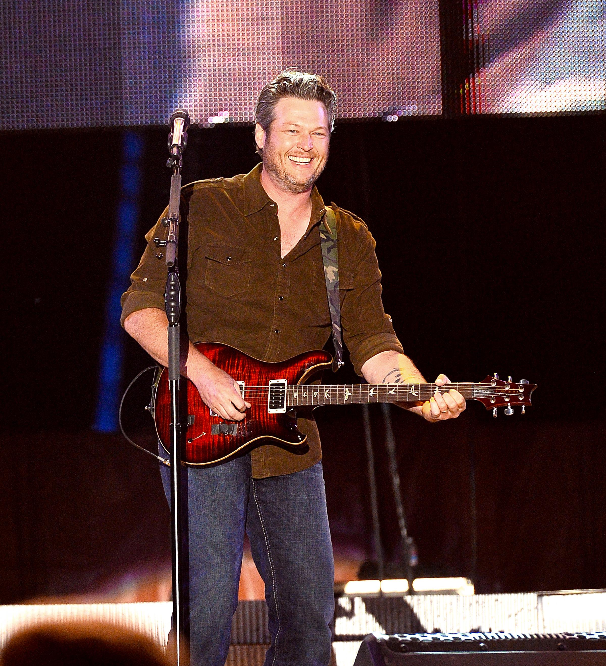 Blake Shelton is all smiles while performing at Stagecoach Country Music Festival in Indio, CA.