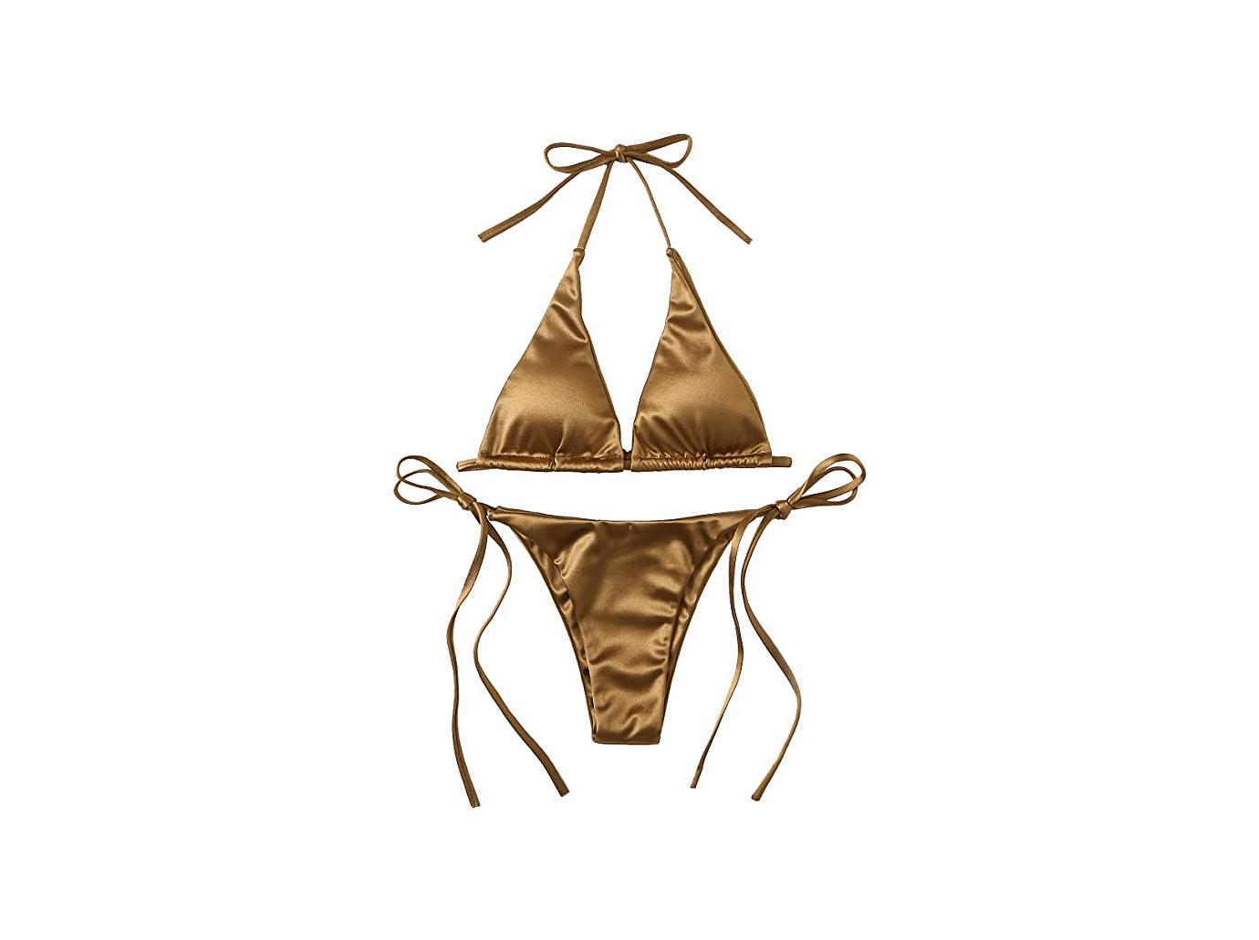 Skims Inspired Metallic Swimsuit, Sexy Summer 2022 Bathing Suit, Halter  Gold Bikini -  Canada