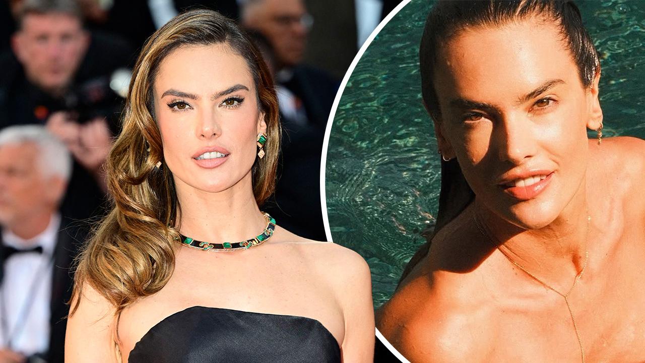 Image of Alessandra Ambrosio ditched her top before going for a swim.