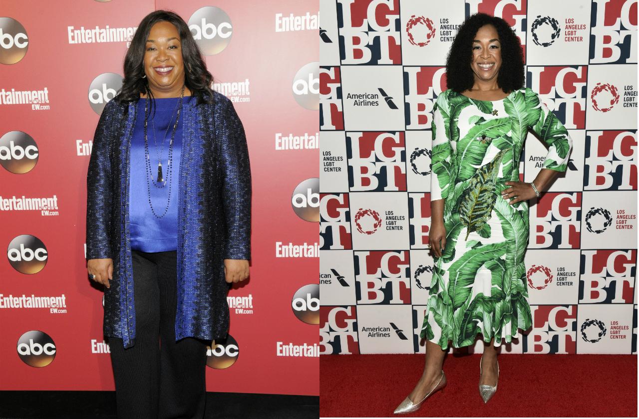 Shonda Rhimes wears a vibrant blue blouse and coordinating jacket with black pants in the before pic and a leaf print dress at the 2017 LGBT Center's Vanguard Awards in Beverly Hills in the weight loss after photo.