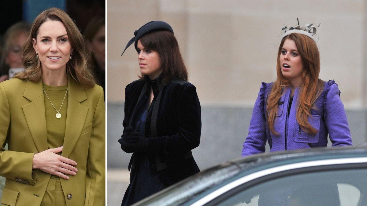 Split photo of Kate Middleton and Princesses Eugenie and Beatrice.
