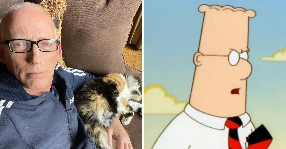 split photo of scott adams and dilbert