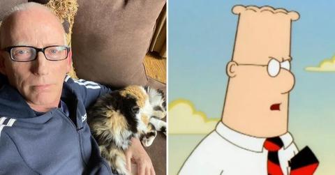 split photo of scott adams and dilbert