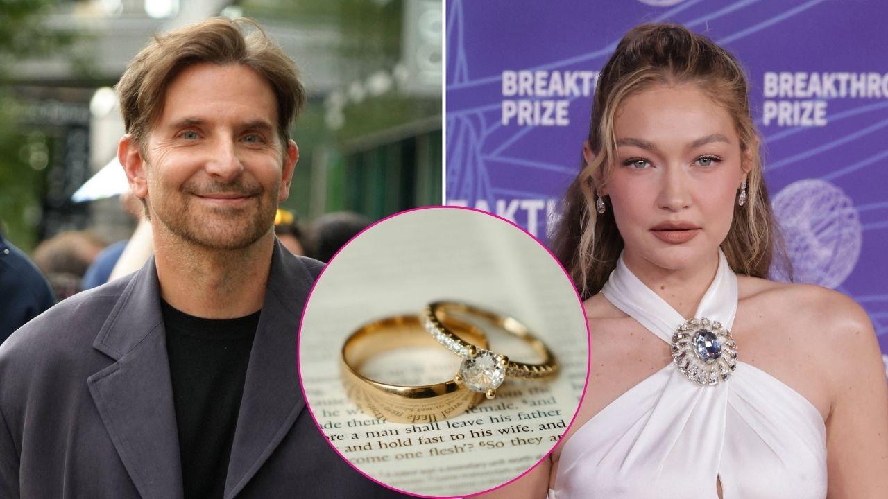 Composite photo of Bradley Cooper, Gigi Hadid and wedding rings.