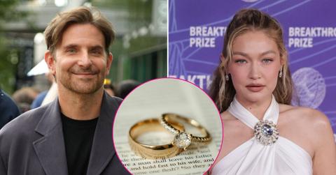 Composite photo of Bradley Cooper, Gigi Hadid and wedding rings.