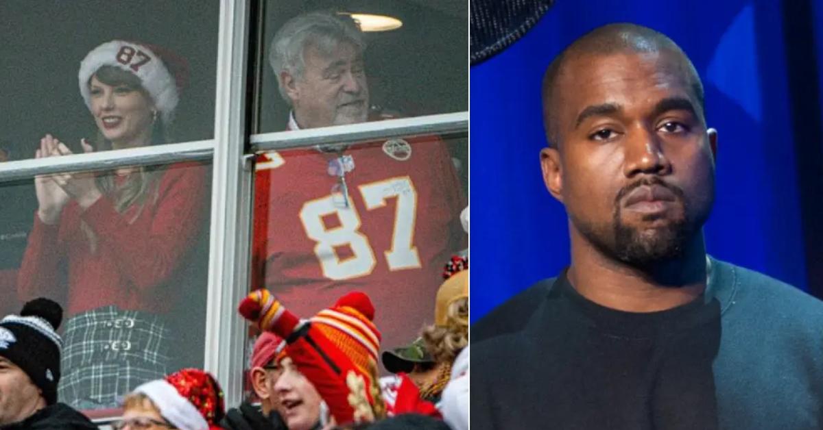 A photo of Taylor Swift and Ed Kelce and a picture of Kanye West.