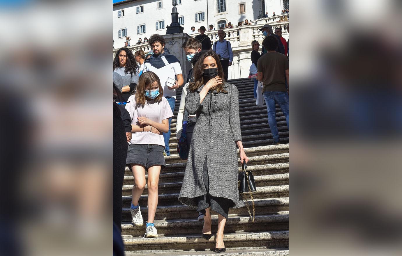 angelina jolie struts spanish steps explores rome with kids before eternals premiere in italy photos