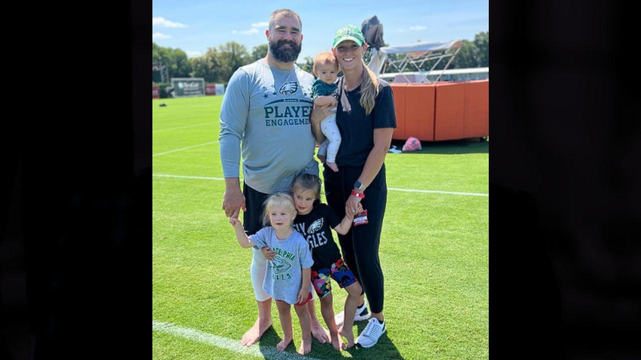 Image of Jason Kelce, Kylie Kelce, and three of their daughters.